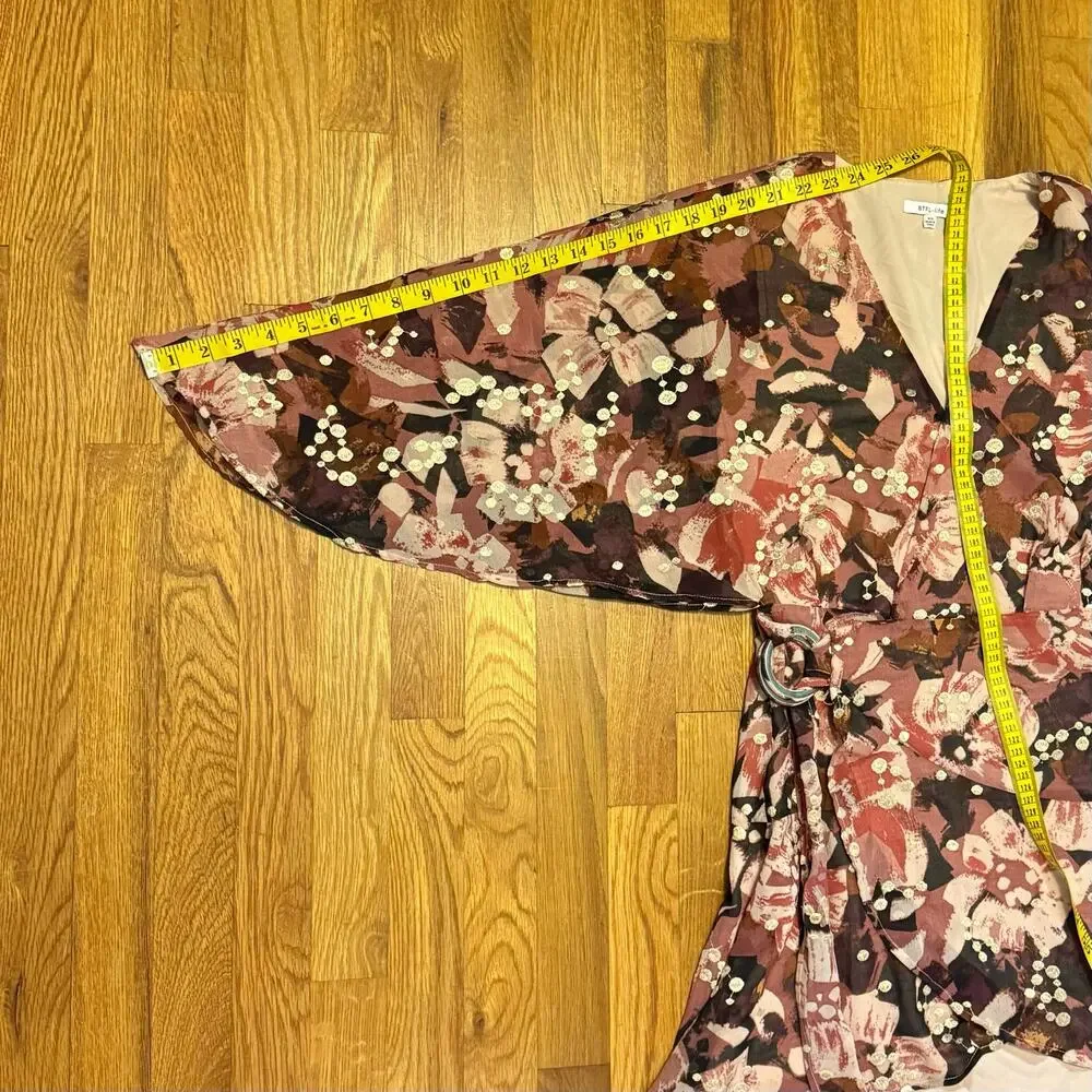 BTFL-Life Women’s XS Pink Gold Floral Plunging Short Sleeve Wrap Mini Dress